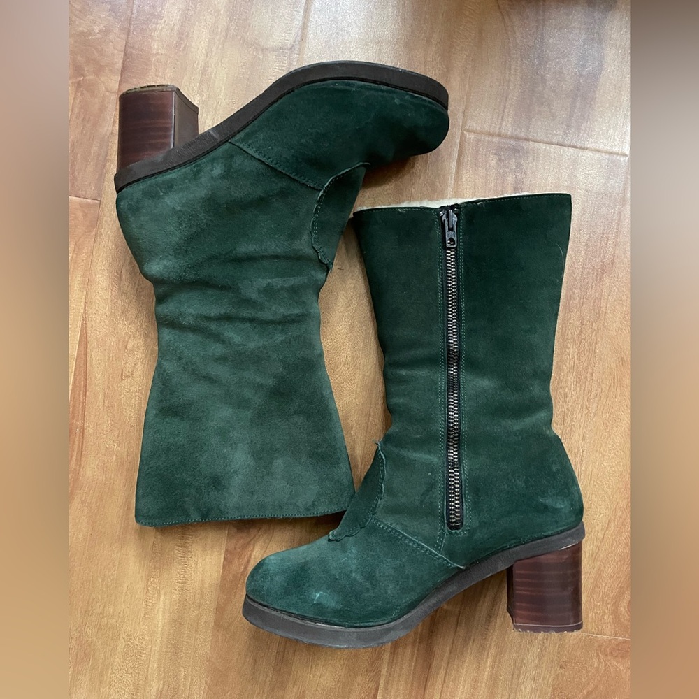 Vintage 70s 'Hogl' Austrian Hunter Green Suede Mid Calf Booties, Sz 36